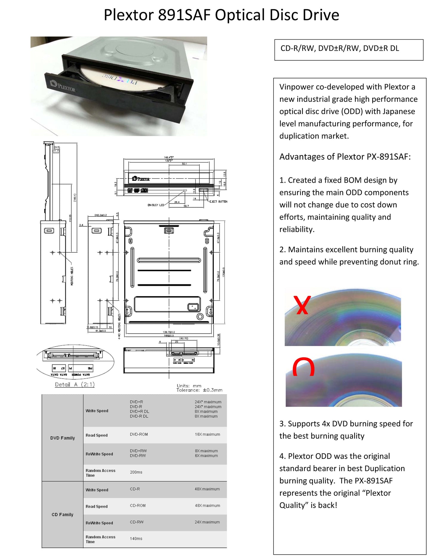 Plextor PX-891SAF-PLUS DVD/RW-Recorder, 24x, SATA, Dual Layer, bulk