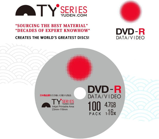 Taiyo Yuden DVD-R, 4.7GB, 16x, für Tintenstrahldrucker, 100 Disc shrink