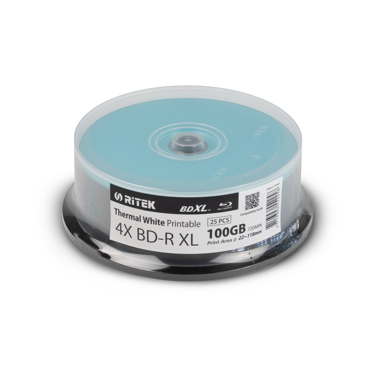 Ritek BD-R XL, 100GB, 4x, archival quality, white Logo Top, 25 Stk.cakebox