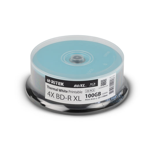 Ritek BD-R XL, 100GB, 4x, archival quality, white Logo Top, 25 Stk.cakebox